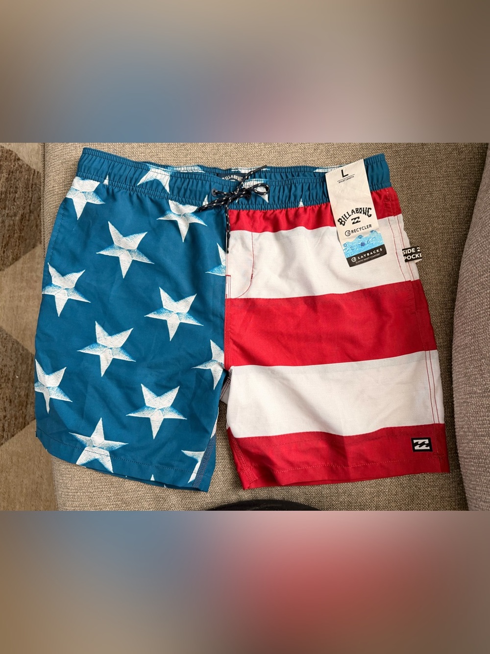 Billabong Men’s Stars & Stripes Swim Board Shorts in Blue, Red, White